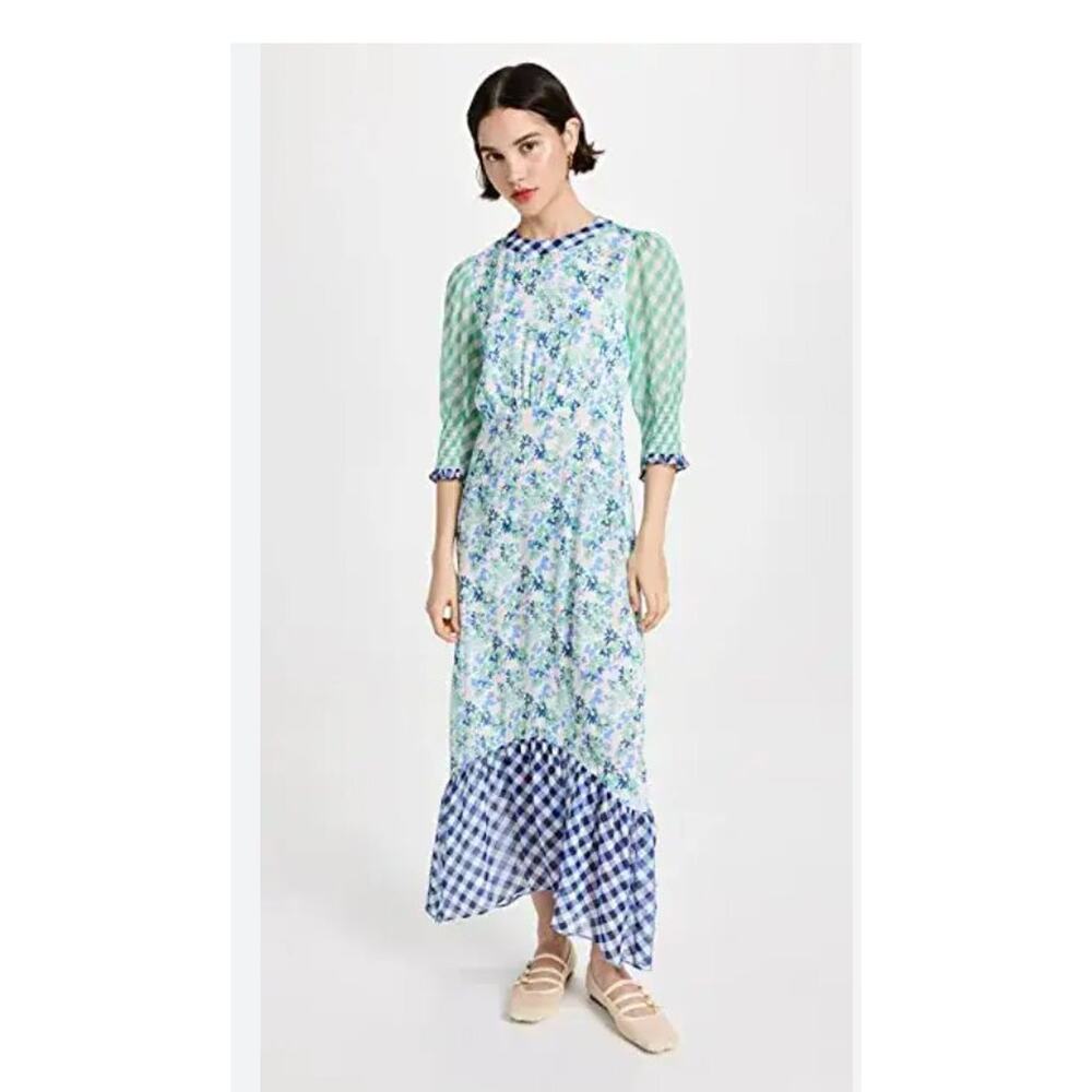 RIXO London L Large US 10 Blue Green Floral Check Saffron Midi Dress Aqua Daisy